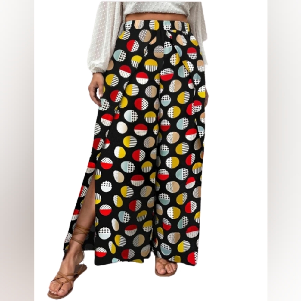 Pants Wide Leg Wrap Hem Geo Print Multicolor Red Multi Plus Size 1X